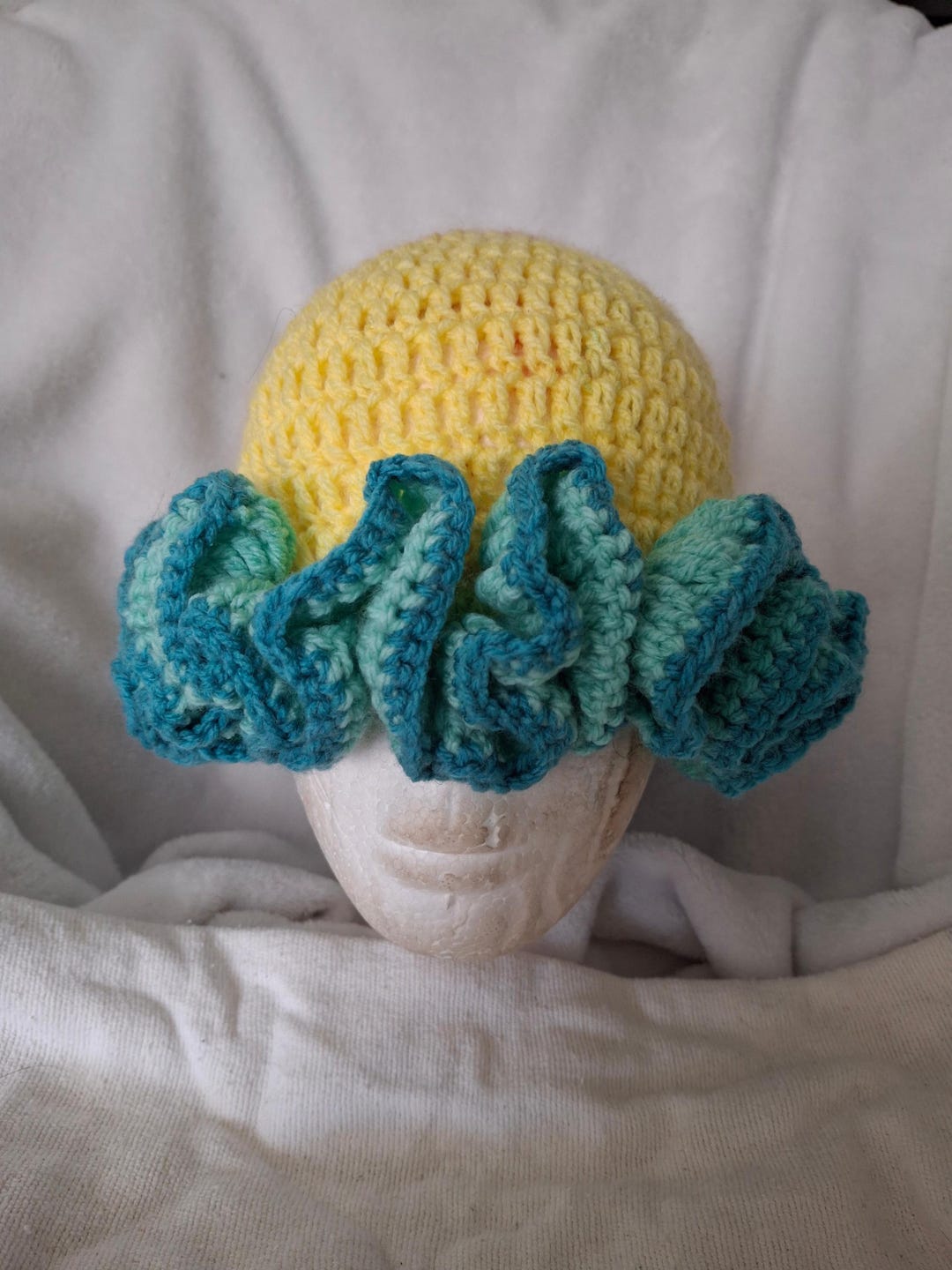 Handmade Crochet Ruffle Beanie: Yellow Crown, Ocean Blue - Etsy