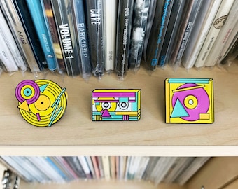 Premium Enamel Pin Bundle (3 Vinyl, CD & Cassette Tape Enamel Pins and 1 Tote Bag)