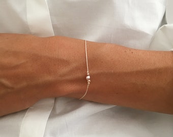 Two-pearl bracelet on silk – Delicate beaded bracelet – Bride, June birthstone – Handmade jewelry