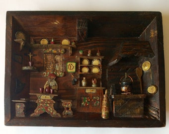 Vintage Wooden Diorama, Italian Alps Chalet Kitchen Scene, Similar to Anri Wood. Primitive European Art Work. 3D Wood Shadow Box c1940s
