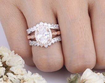 1.58 Ct Oval /& Round Cut 14K Rose Gold Fn Engagement Bridal Ring /& Band Set