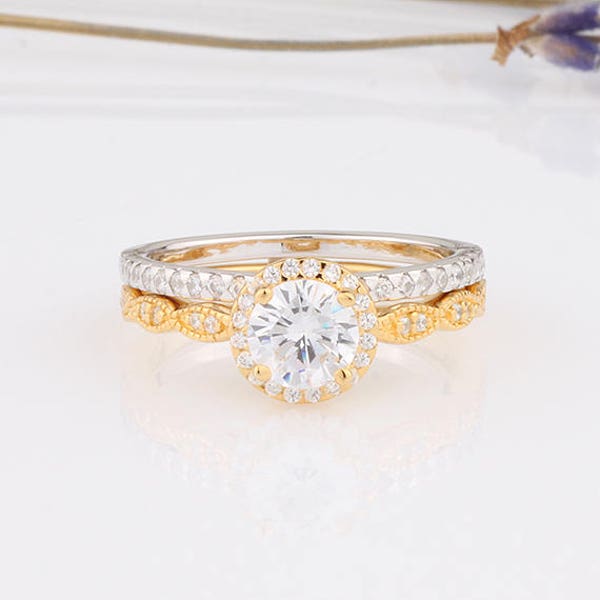 6mm Round Halo CZ Ring / 0.8 carat Yellow Gold Engagement Ring / Half Eternity Band Ring Set / Silver-Gold Two Tone Wedding Ring Set