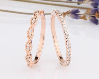 Round CZ Half Eternity Wedding Engagement Curved Wavy Band Ring / Rose Gold Ring Guards / Stackable Ring Guards / 2-pieces Ring Guard