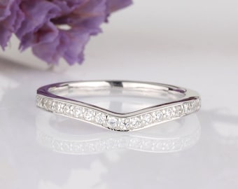 Round CZ Half Eternity Wedding Engagement Curved Band Ring / Stackable 925 Sterling Silver Ring / Ring Guard / Side Band