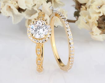 6mm Round Shaped CZ Sterling Silver Rings Gold Plated / Round Halo Women Engagement / Half Eternity Band / 2 pieces Rings Set / Gift for Her