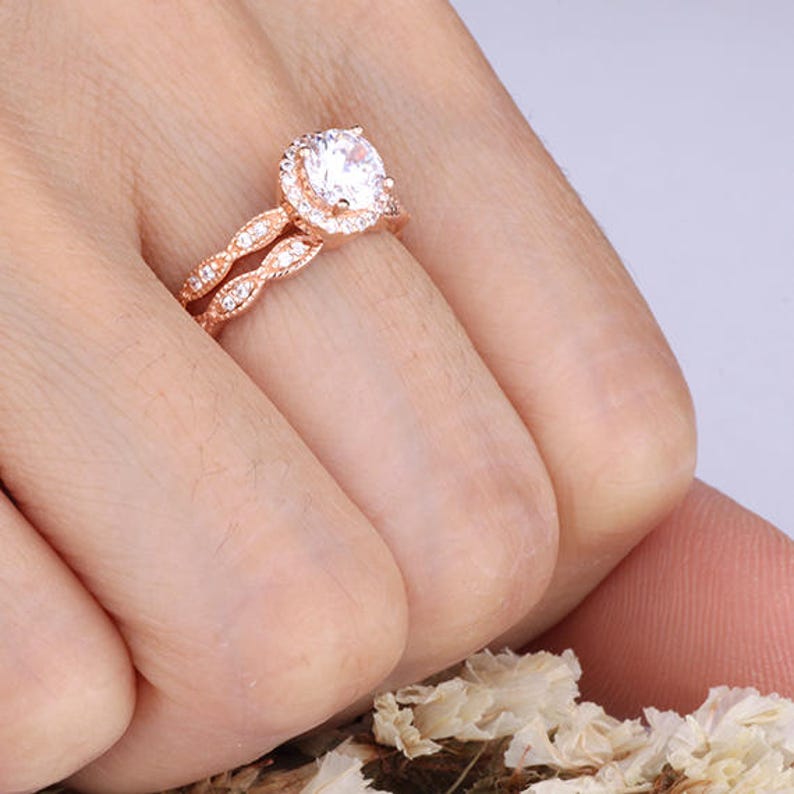 6mm Round CZ Halo Rose Gold Wedding Ring Set Wavy Curved Marquise Design Half Eternity Rings Wedding Anniversary Bridal Promise Rings