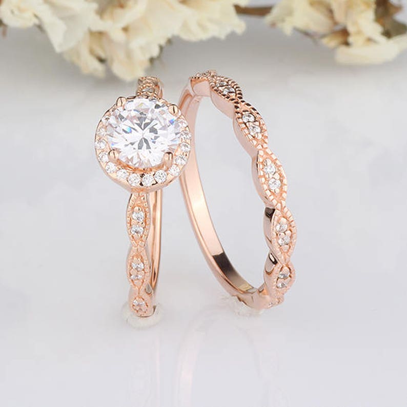 6mm Round CZ Halo Rose Gold Wedding Ring Set Wavy Curved Marquise Design Half Eternity Rings Wedding Anniversary Bridal Promise Rings