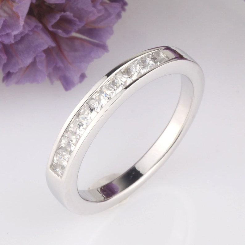 Princess Square CZ Half Eternity Wedding Engagement Anniversary Channel Set Band Ring Stackable Sterling Silver Ring Silver Ring Guard