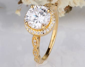 Round Cubic Zirconia Silver Ring / Vintage Design Round Halo Ring Half Eternity Wedding Engagement Ring / Sterling Silver Yellow Gold Plated