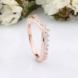 Rose Gold Round CZ Half Eternity Wedding Engagement Sterling Silver Curved Band Ring / Stackable Rose Gold Plated / Ring Guard / Side Band