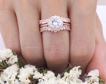 Rose Gold Round CZ 3-pieces Halo Ring Set / Round Halo Wedding Matching Bridal Set / Sterling Silver Women Ring Set