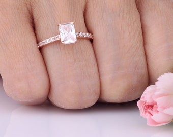 1.06CT Emerald Cut Engagement Ring , Solitaire Ring , Promise Ring , Diamond Simulant CZ Ring, Sterling Silver Rose Gold Plated Ring