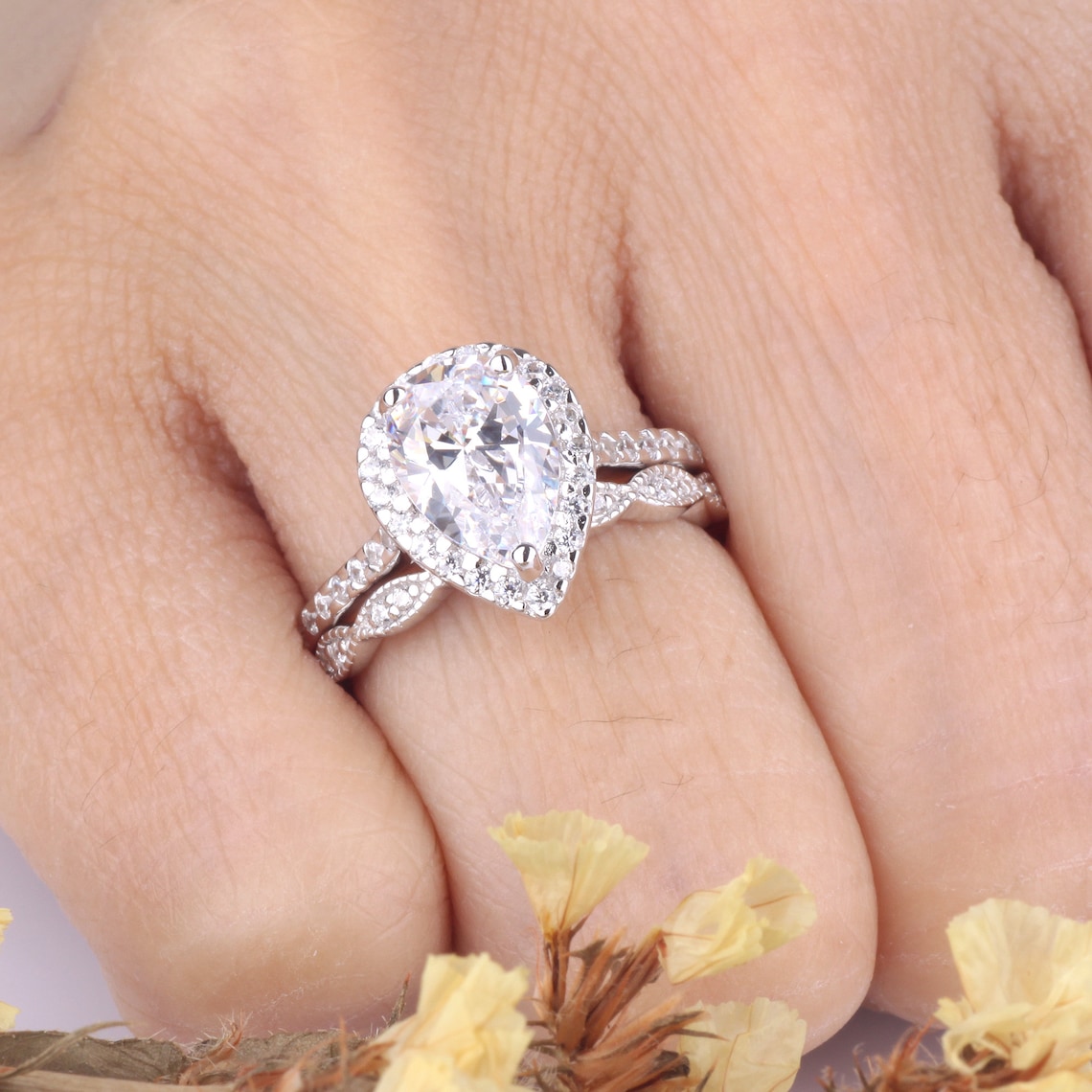 1.8 Carats Pear Shaped Simulated Diamond Rings Set / Pear Halo Etsy