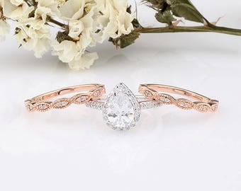 Pear Shaped 3-Rings Set / Pear Halo Silver Rose Gold Matching Rings Set / Half Eternity Wedding Engagement Band / Sterling Silver Rings Set