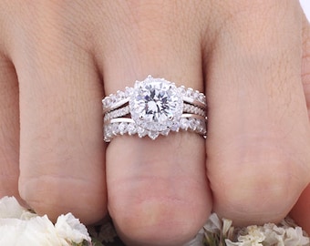 Round CZ 3-pieces Halo Ring Set / Round Halo Wedding Matching Bridal Set / Sterling Silver Women Ring Set / Silver Engagement Ring