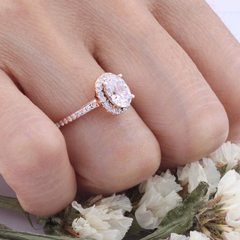 Rose Gold Oval Cut CZ Wedding Ring Halo CZ Engagement Anniversary Ring Sterling Silver Ring Gift for Her Gift for Mom