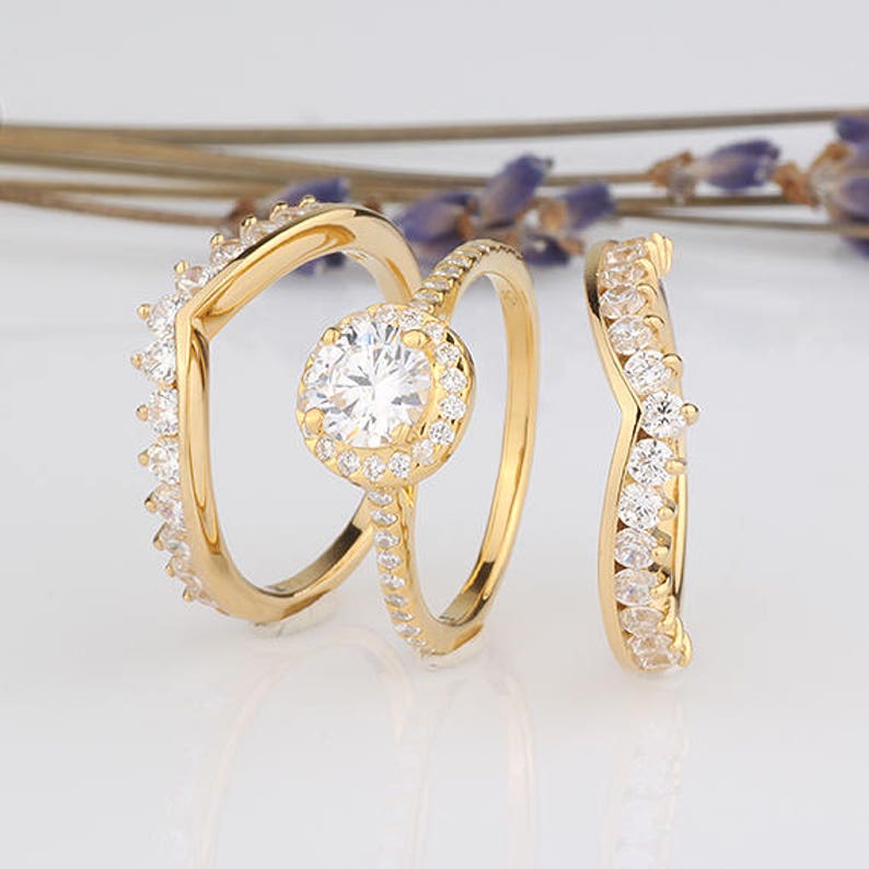 6mm Round Halo CZ 3-pieces Ring Set Wedding Matching Bridal Set Yellow Gold Plated over Sterling Silver Women Ring Set Two Ring Guards
