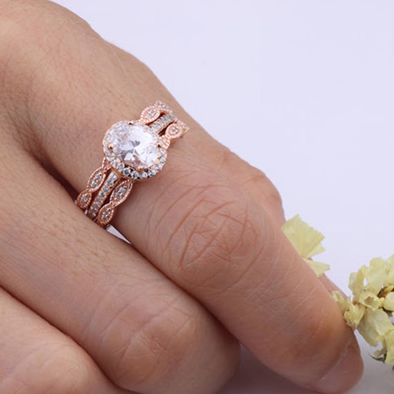 Rose Gold Oval CZ Halo Three Rings Bridal Set / Art-Deco Engagement Anniversary Women Ring / Sterling Silver Rings Set image 5