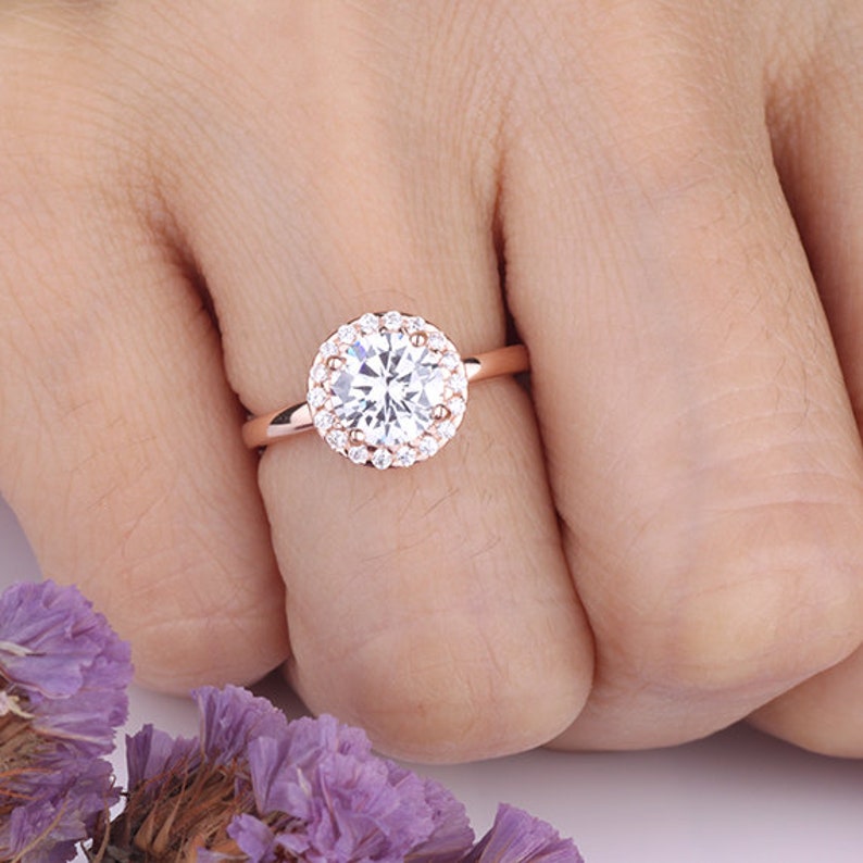 7mm Round Cubic Zirconia Sterling Silver Ring Rose Gold Plated / Round Halo Wedding Engagement Ring / Anniversary Halo Ring image 1