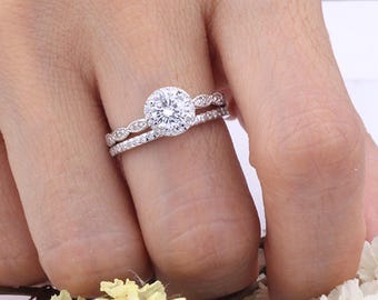 6mm Round Shaped CZ Sterling Silver Rings Set / Round Halo Womens Rings Set / Half Eternity Wedding Engagement Rings Set / 2 pieces Rings