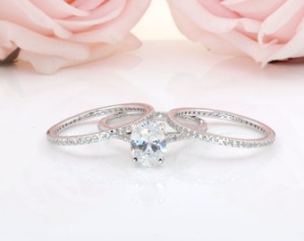 3 Pcs 2 Carats Oval CZ Engagement Ring / Full Eternity Cubic Zirconia Sterling Silver Wedding Set Rings / Gift for Her / Birthday Gifts