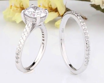 2 Carats Round Brilliant Cut CZ Sterling Silver Rings Set / Women Rings Set / Half Eternity Wedding Engagement Rings Set / 2 pieces Ring