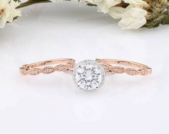 8MM Round CZ Halo 3-Rings Set / Art-Deco Engagement Anniversary Rose Gold Women Band / Sterling Silver Rings Set / Two Tone Rings