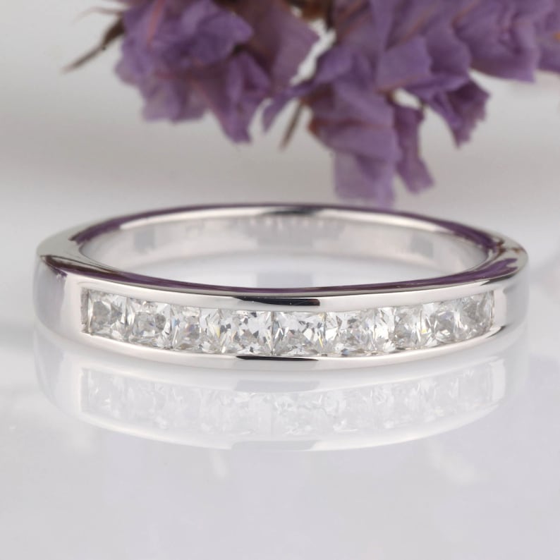 Princess Square CZ Half Eternity Wedding Engagement Anniversary Channel Set Band Ring Stackable Sterling Silver Ring Silver Ring Guard