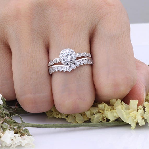 6mm CZ Engagement Ring Set Wedding Band Vintage Look 925 Sterling Silver 