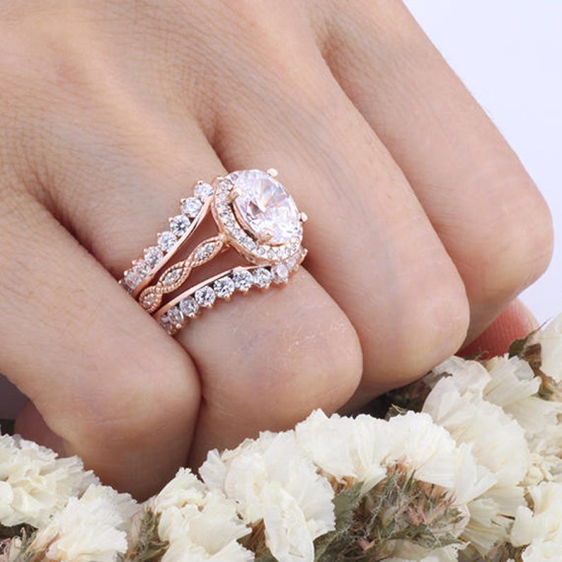 Rose Gold Oval CZ Halo Ring Set / Curved Design Half Eternity Etsy