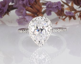 1.8 Carat Pear Shaped Engagement Ring, Pear Diamond Engagement Ring, Halo Ring for Women, Sterling Silver Ring, Bridesmaid Jewelry, Bridal