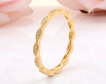 Gold CZ Full Eternity Marquise Design Wedding Engagement Sterling Silver Gold Plated Ring / Gold Stackable Wedding Band