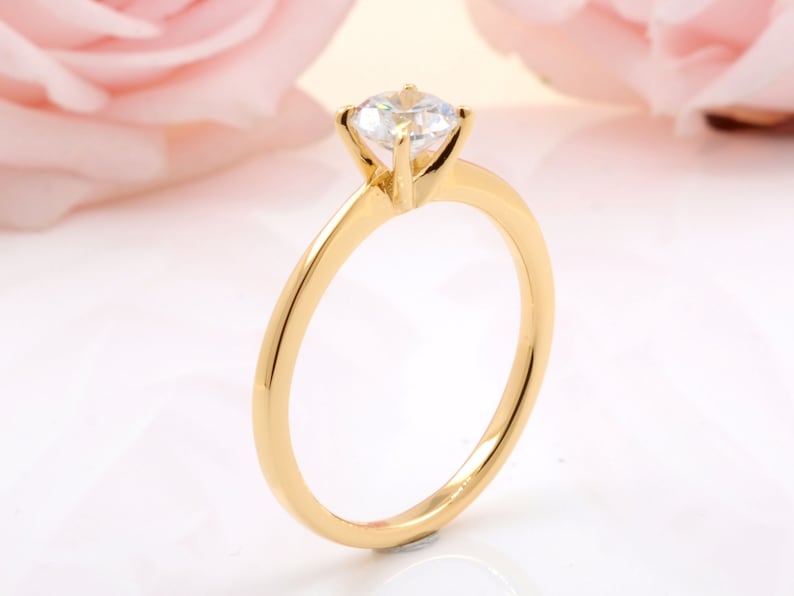 6mm Round CZ Yellow Gold Plated Solitaire Ring / Promise Anniversary Ring / Sterling Silver Ring / 0.8 carats Diamond Simulated Ring image 2