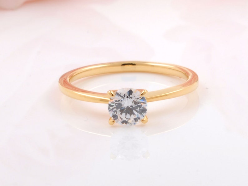 6mm Round CZ Yellow Gold Plated Solitaire Ring / Promise Anniversary Ring / Sterling Silver Ring / 0.8 carats Diamond Simulated Ring image 1