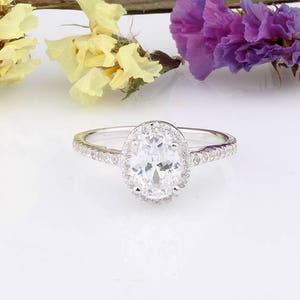 Oval Engagement Ring, Oval Halo Ring, Oval CZ Wedding Engagement Ring, Cubic Zirconia Ring, Sterling Silver CZ Ring, Anniversary Ring