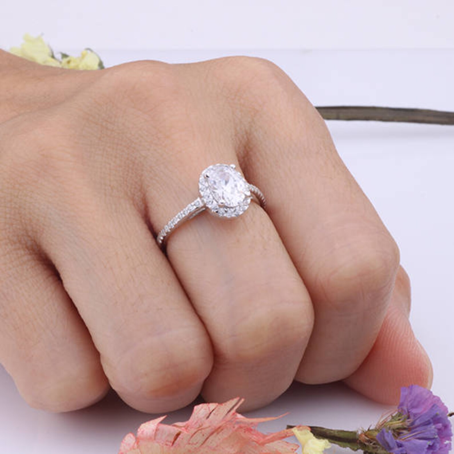 Halo Oval CZ Wedding Engagement Ring / Cubic Zirconia Ring / Etsy