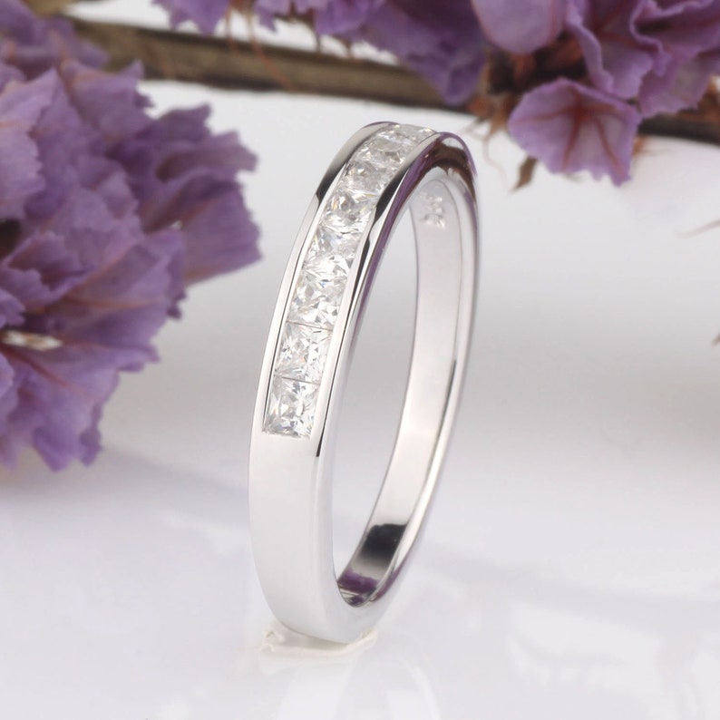 Princess Square CZ Half Eternity Wedding Engagement Anniversary Channel Set Band Ring Stackable Sterling Silver Ring Silver Ring Guard