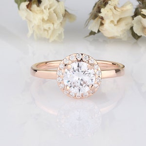 7mm Round Cubic Zirconia Sterling Silver Ring Rose Gold Plated / Round Halo Wedding Engagement Ring / Anniversary Halo Ring image 2