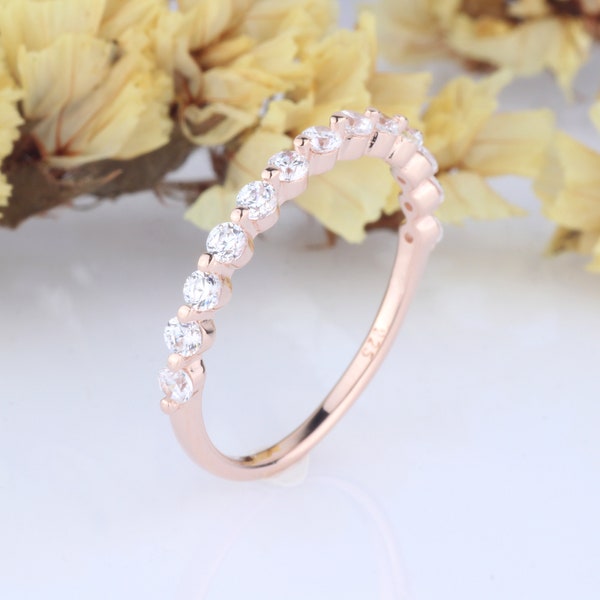 Round Brilliant Cut CZ Half Eternity Setting Sterling Silver Rose Gold Plated Wedding Engagement Band Ring / Stackable Ring / Bridal Ring