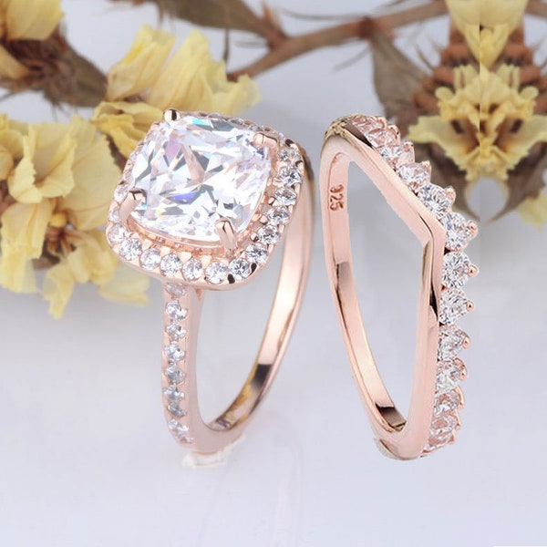 3 Carats Cushion Cut Diamond Simulated Wedding Engagement Halo Ring / Curved Design Side Band / Sterling Silver Ring Rose Gold Plated Ring