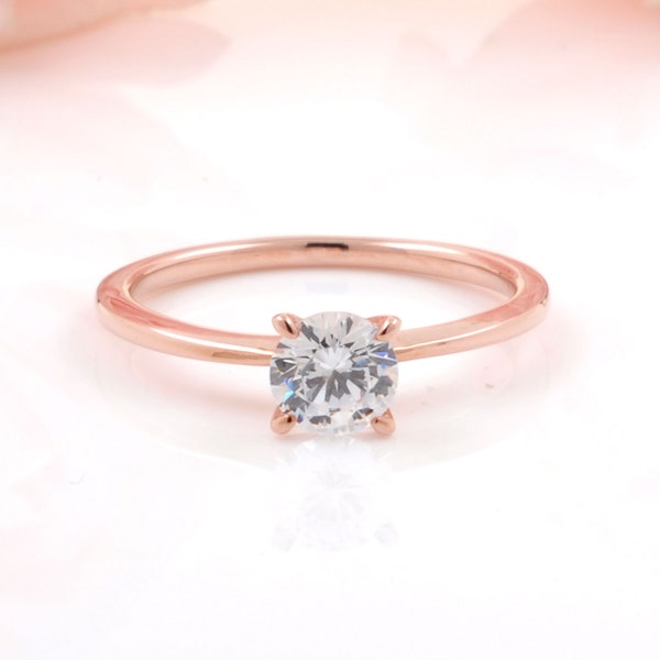 6mm Round CZ Rose Gold Plated Solitaire Ring / Promise Anniversary Ring / Sterling Silver Ring / 0.8 carats Diamond Simulated Ring