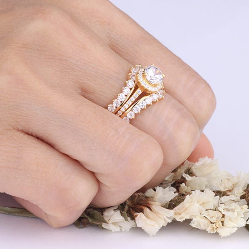 6mm Round Halo CZ 3-pieces Ring Set Wedding Matching Bridal Set Yellow Gold Plated over Sterling Silver Women Ring Set Two Ring Guards