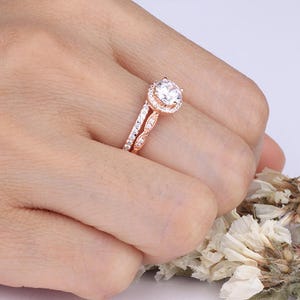 6mm Round Shaped CZ Sterling Silver Rings Set / Round Halo Women Rose Gold Rings / Half Eternity Wedding Engagement / 2 pieces Rings image 6