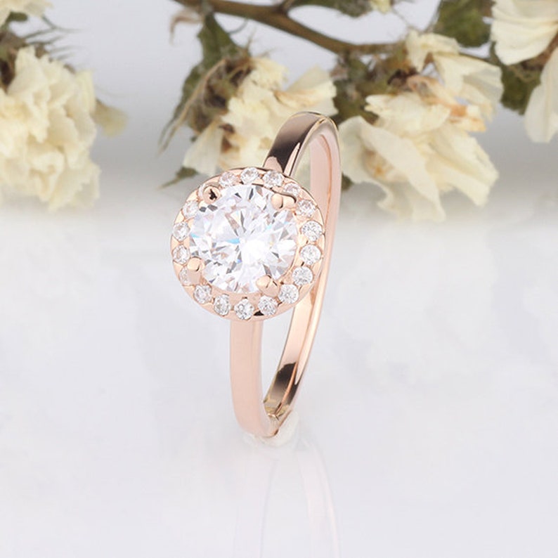7mm Round Cubic Zirconia Sterling Silver Ring Rose Gold Plated / Round Halo Wedding Engagement Ring / Anniversary Halo Ring image 5