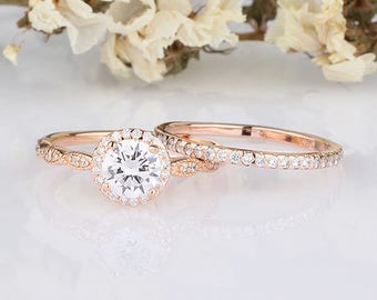 6mm Round Shaped CZ Sterling Silver Rings Set / Round Halo Women Rose Gold Rings / Half Eternity Wedding Engagement / 2 pieces Rings