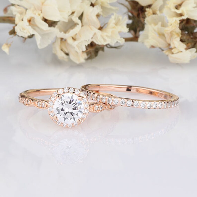 6mm Round Shaped CZ Sterling Silver Rings Set / Round Halo Women Rose Gold Rings / Half Eternity Wedding Engagement / 2 pieces Rings image 1
