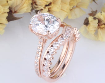 2.5 carats Oval CZ Rose Gold Engagement Ring / Curved Band Half Eternity CZ Accent / Wedding Anniversary Ring / Bridal Ring Set