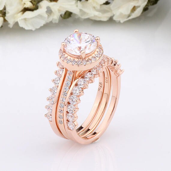 Rose Gold Round CZ 3 pieces Halo Ring Set Round Halo Wedding