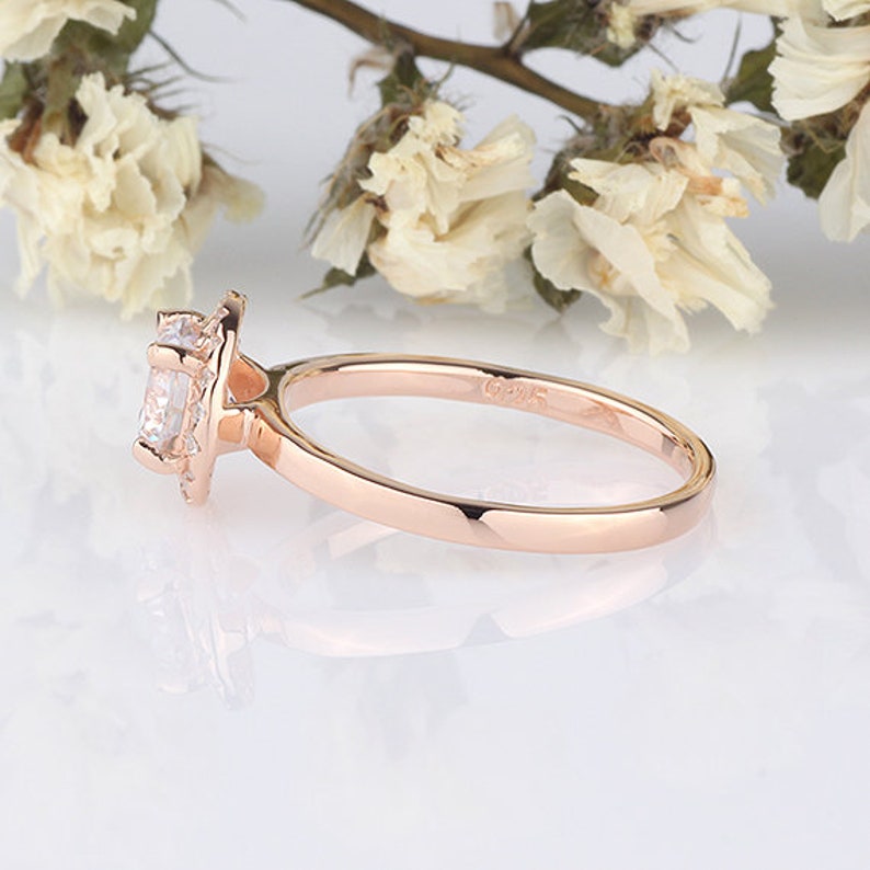 7mm Round Cubic Zirconia Sterling Silver Ring Rose Gold Plated / Round Halo Wedding Engagement Ring / Anniversary Halo Ring image 3