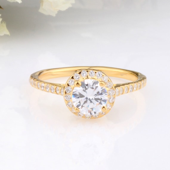 6mm Yellow Gold Round Cubic Zirconia Ring Round Halo Half Eternity Wedding Anniversary Ring Sterling Silver Ring Etsy